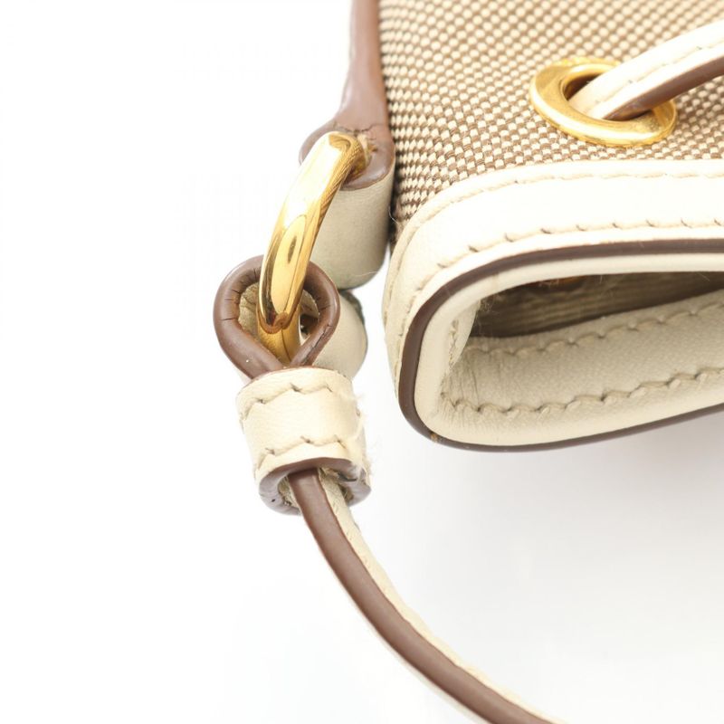 Prada Handbag Logo Jacquard Beige White Canvas Leather Bucket Bag — view 8