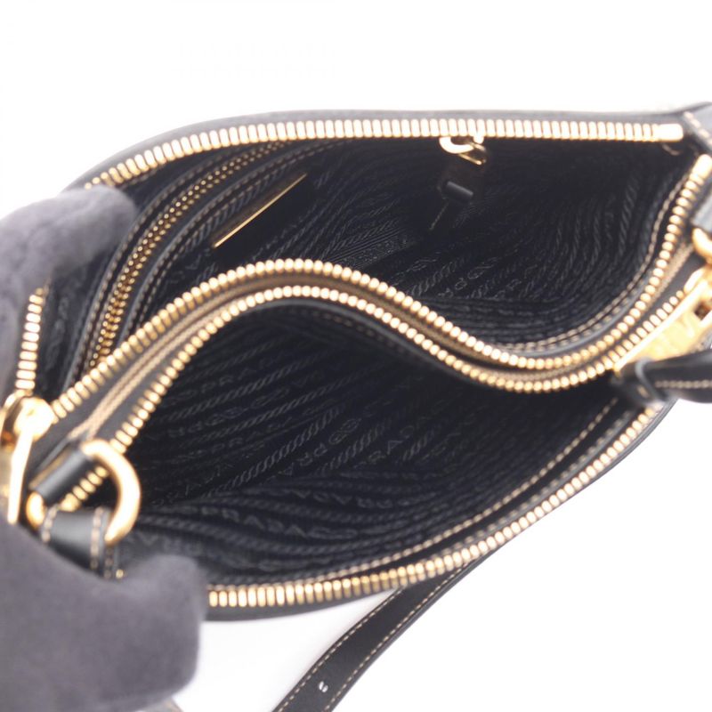 Prada Shoulder Bag Logo Jacquard Beige Black Canvas Leather — view 3