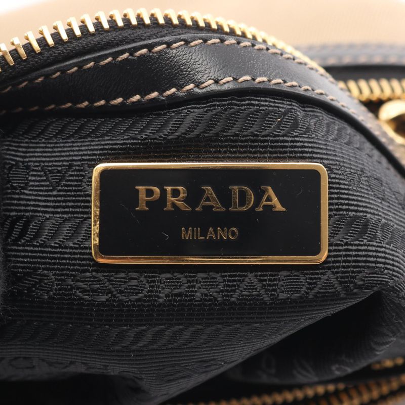 Prada Shoulder Bag Logo Jacquard Beige Black Canvas Leather — view 4