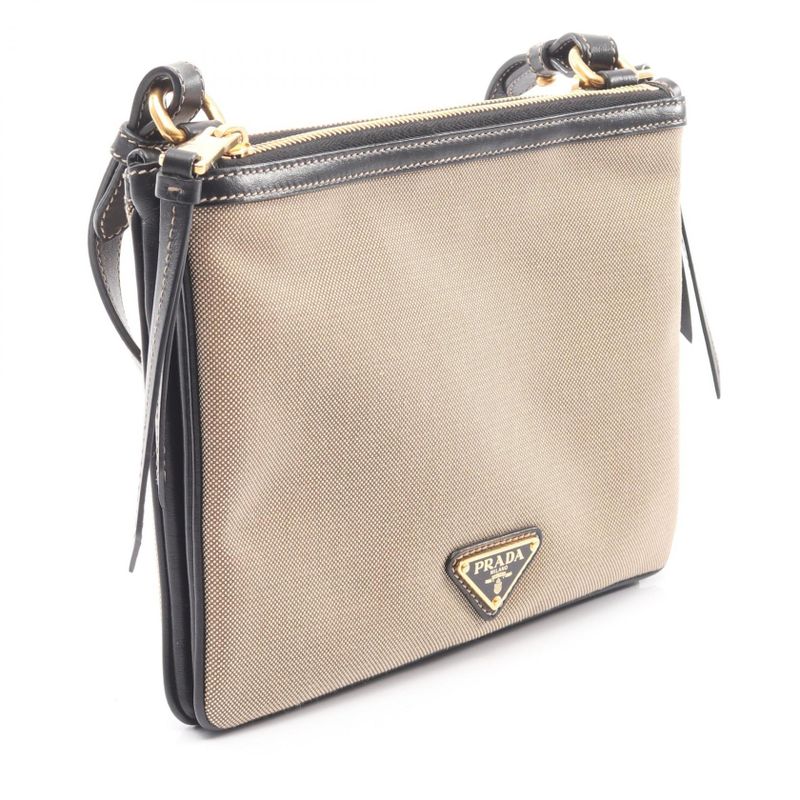 Prada Shoulder Bag Logo Jacquard Beige Black Canvas Leather — view 2