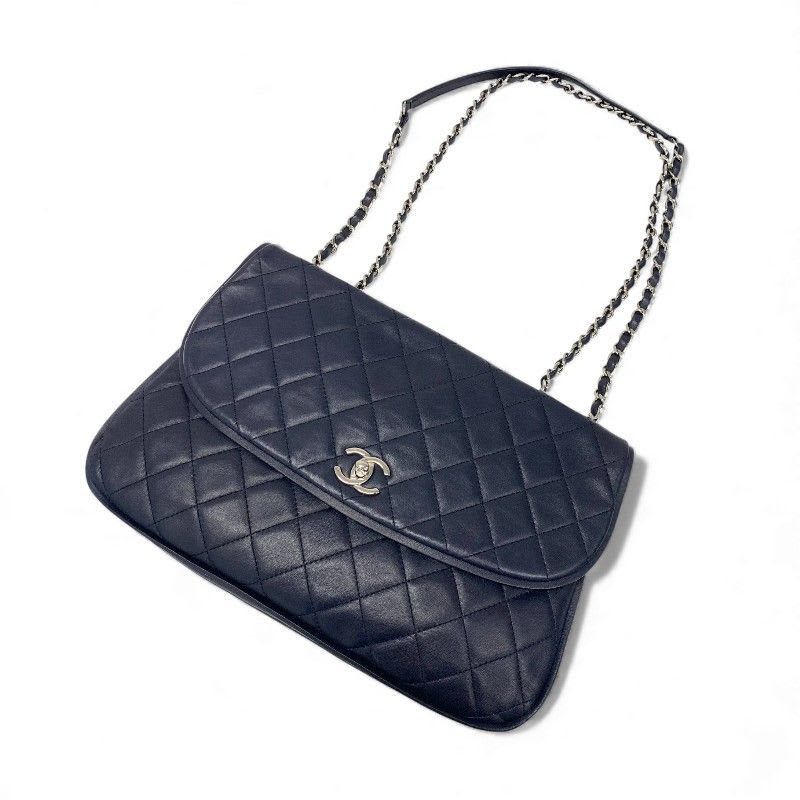 Chanel Bag Shoulder Lambskin Navy Silver Quilted Turnlock