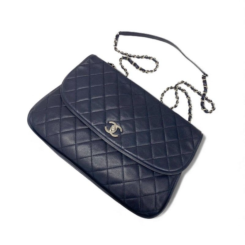 Chanel Bag Shoulder Lambskin Navy Silver Quilted Turnlock