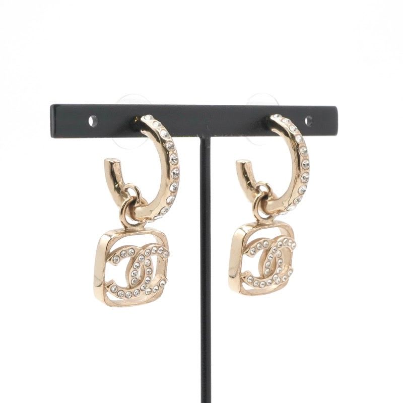 Chanel Earrings Gold Coco Mark Half Hoop Rhinestone — view 8