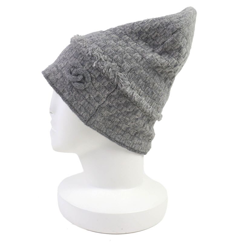 Chanel 16 B Cashmere Coco Mark Fringe Design Lame Thread Beanie Knit Cap — view 4