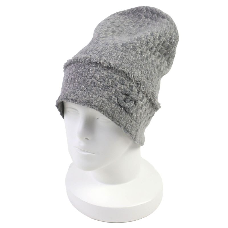 Chanel 16 B Cashmere Coco Mark Fringe Design Lame Thread Beanie Knit Cap — view 3