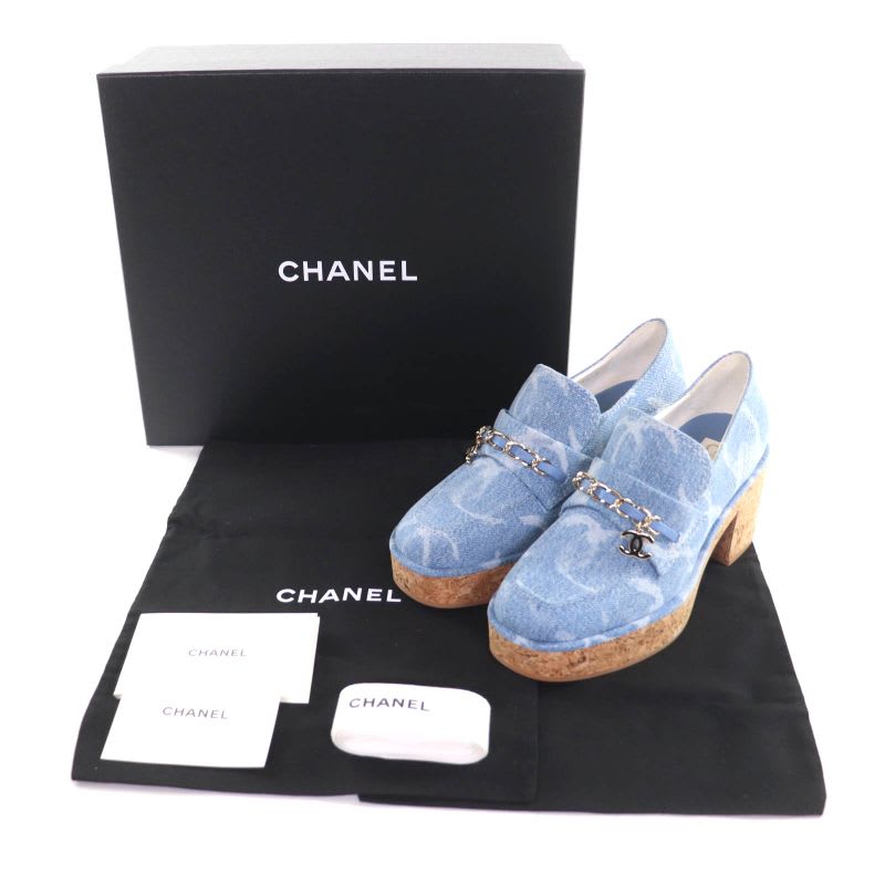 Chanel 23 B Chain Decoration Denim Loafers Indigo With Coco Mark Hardware — view 2