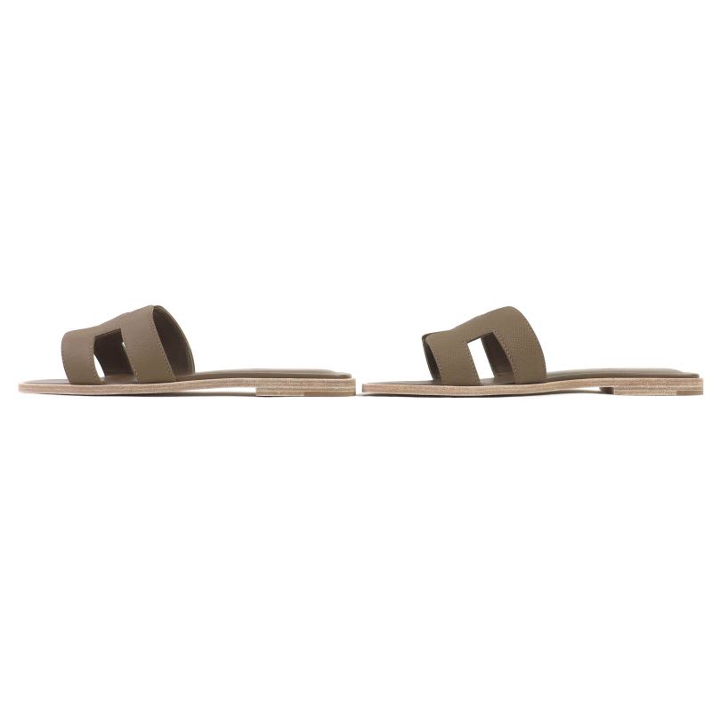 Hermes Oran Etoupe H Logo Leather Flat Sandals Mule 37 Box Storage Bag — view 3