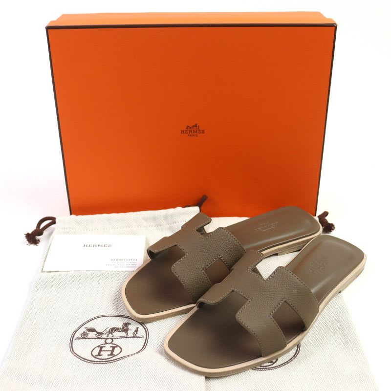 Hermes Oran Etoupe H Logo Leather Flat Sandals Mule 37 Box Storage Bag — view 2