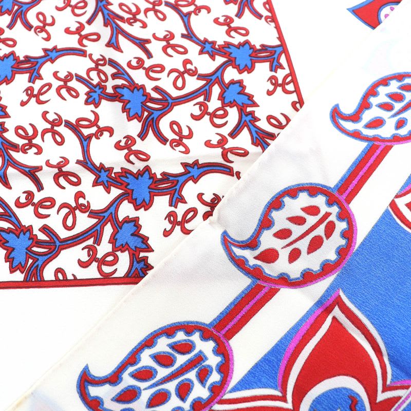 Hermes 100% Silk Paisley Motif All-over Pattern Shawl Scarf Ivory Red Blue — view 3