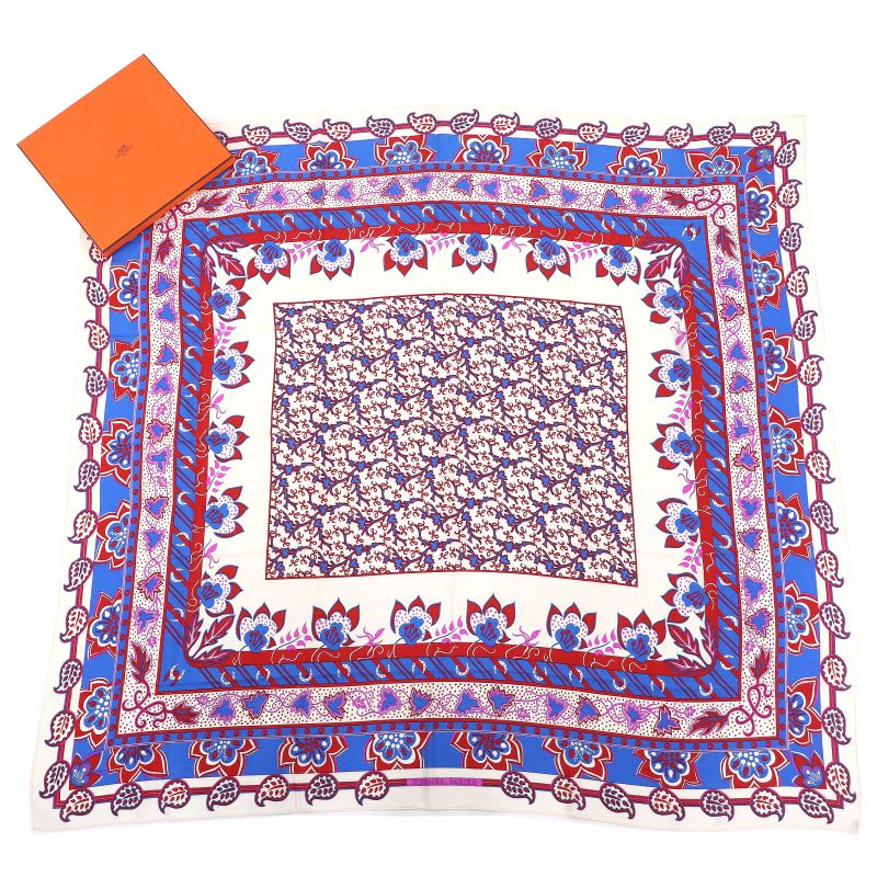 Hermes 100% Silk Paisley Motif All-over Pattern Shawl Scarf Ivory Red Blue — view 2