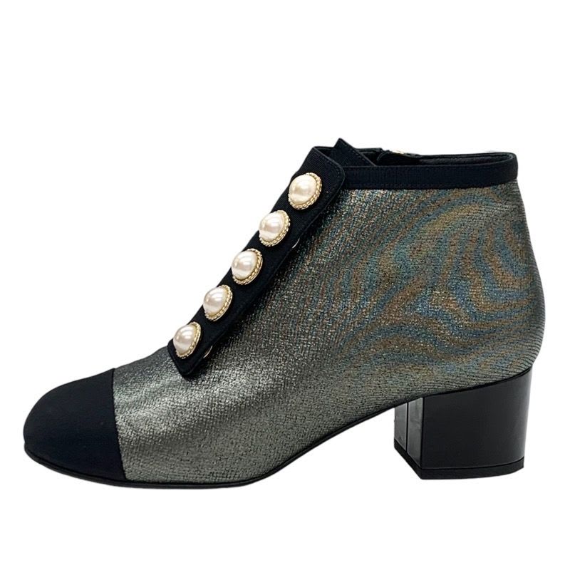 Chanel Boots Short Shoes Fabric Metallic Gray Coco Mark Pearl — view 3