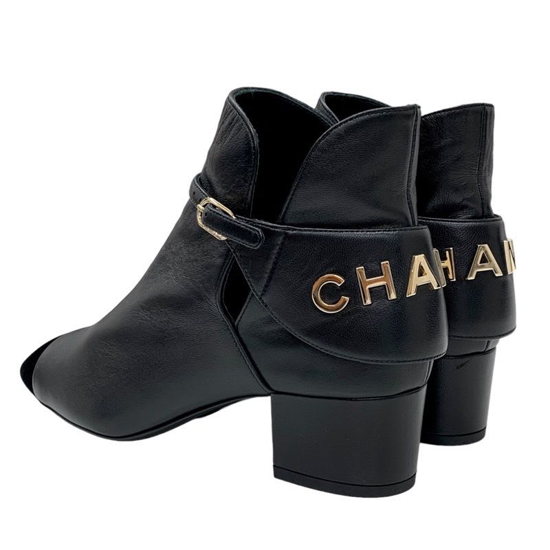 Chanel Boots Short Shoes Leather Velor Black Logo — view 4