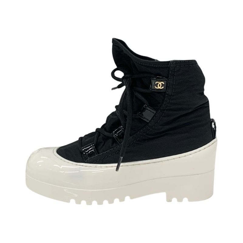 Chanel Boots Short Shoes Nylon Patent Black White Coco Mark Lace Up — view 3