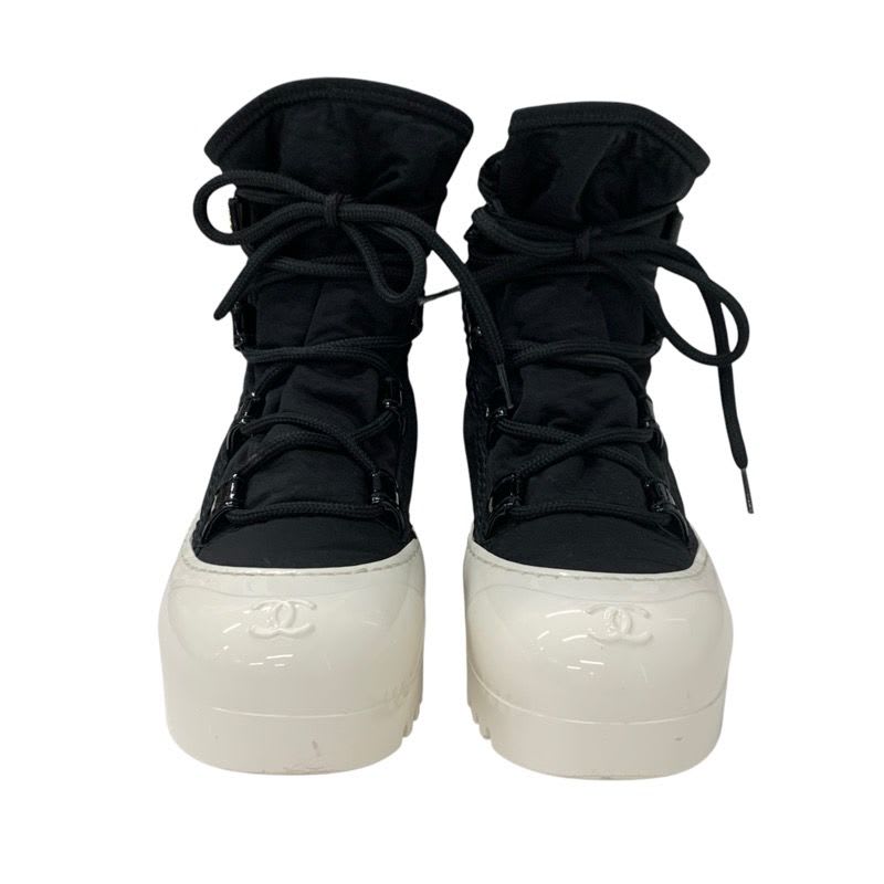Chanel Boots Short Shoes Nylon Patent Black White Coco Mark Lace Up — view 2
