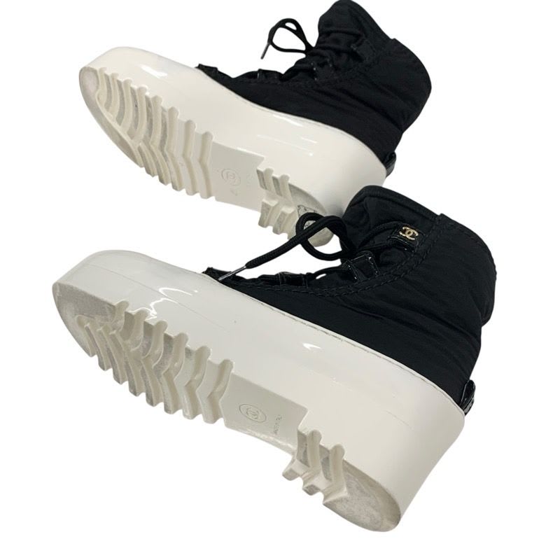 Chanel Boots Short Shoes Nylon Patent Black White Coco Mark Lace Up — view 6