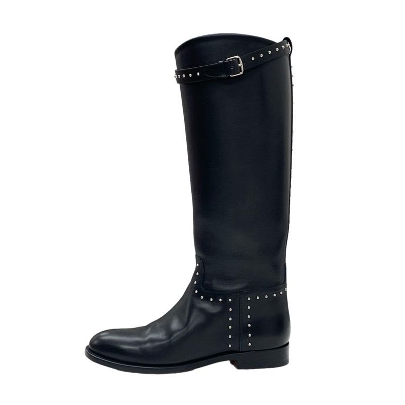 Hermes Jumping Boots Long Shoes Leather Black Silver Studs — view 3
