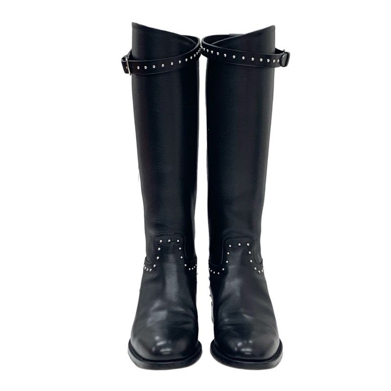 Hermes Jumping Boots Long Shoes Leather Black Silver Studs — view 2
