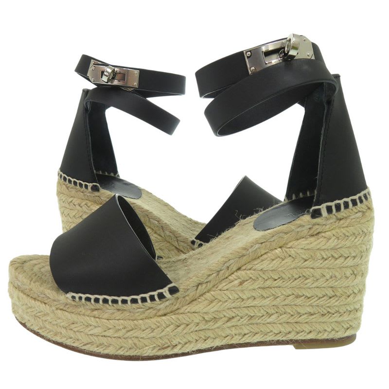 Hermes Tipoli Espadrilles Kelly Strap Wedge Sole Leather Black Silver Hardware — view 5