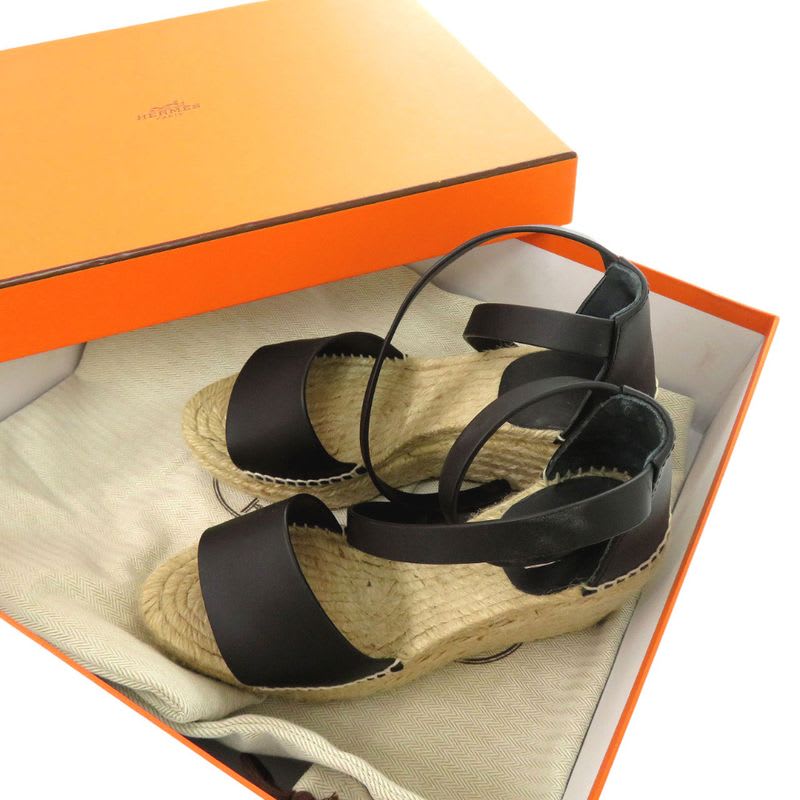 Hermes Tipoli Espadrilles Kelly Strap Wedge Sole Leather Black Silver Hardware — view 2