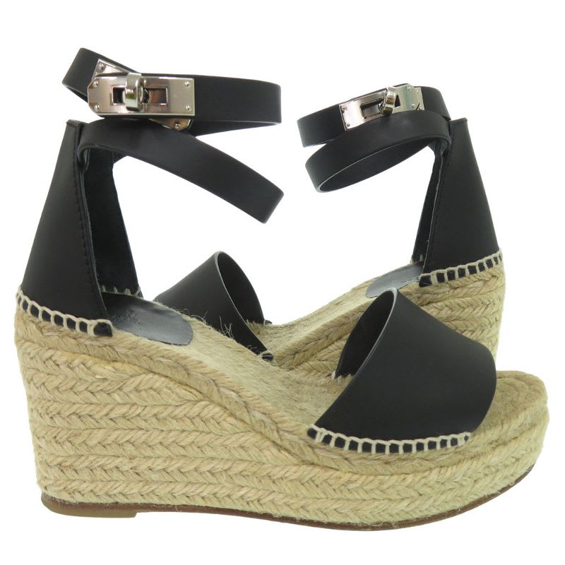 Hermes Tipoli Espadrilles Kelly Strap Wedge Sole Leather Black Silver Hardware — view 6