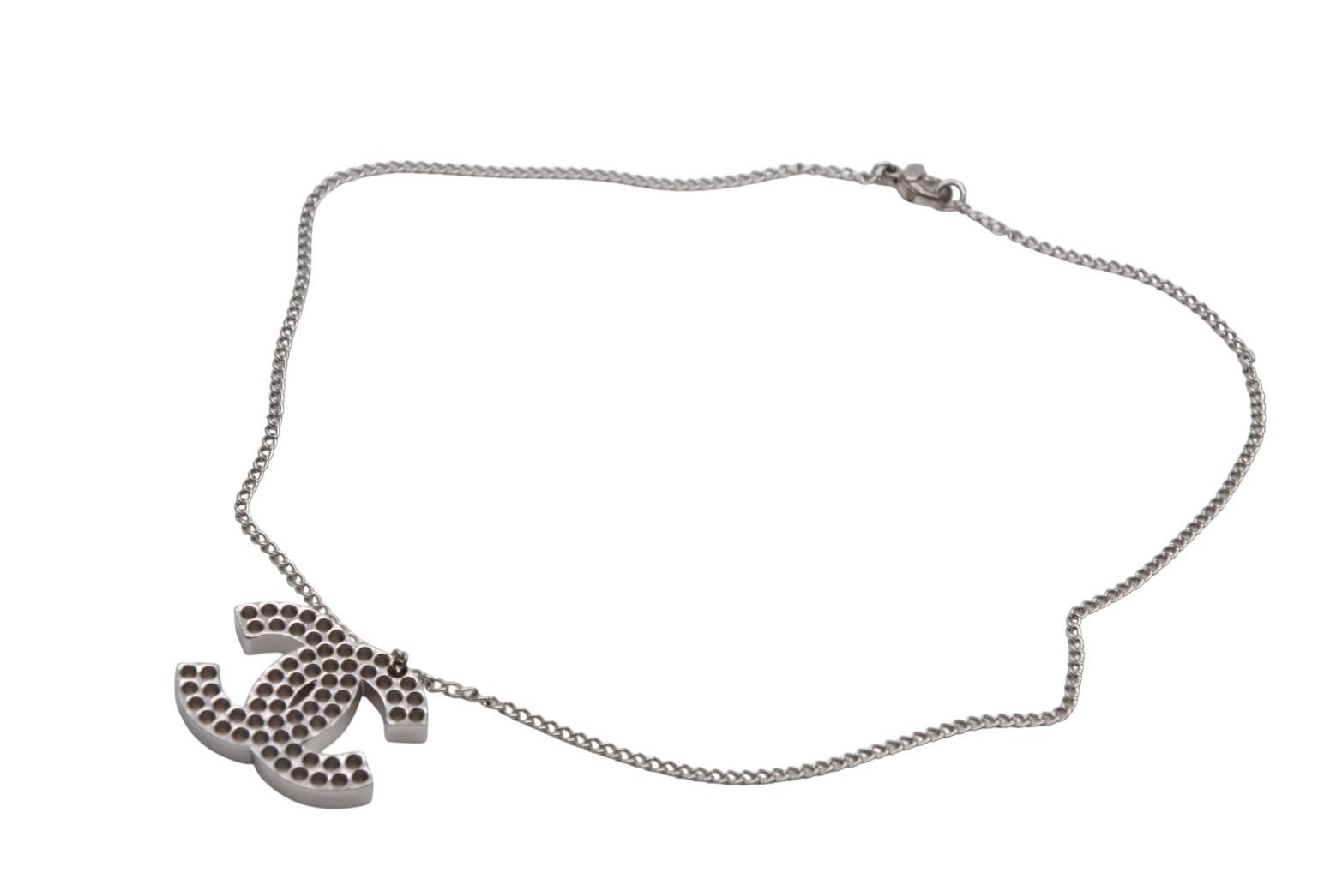Chanel CC Logo Perforated Necklace Metal Silver