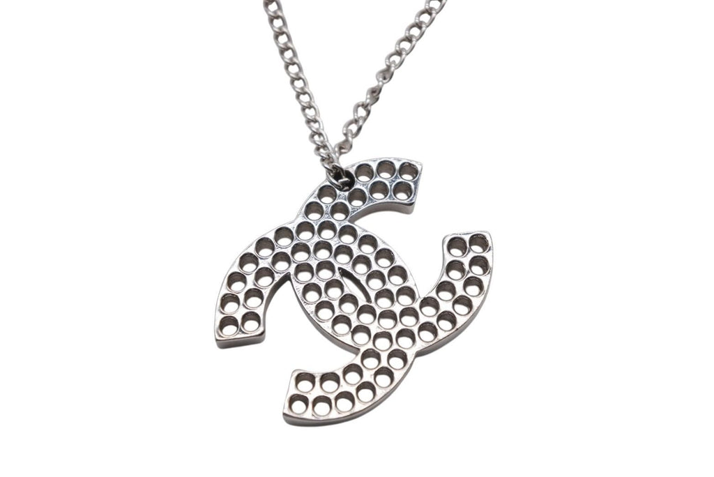 Chanel CC Logo Perforated Necklace Metal Silver — view 2