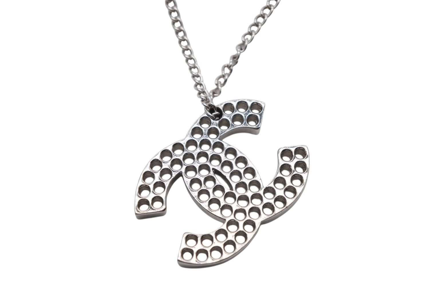 Chanel CC Logo Perforated Necklace Metal Silver — view 2