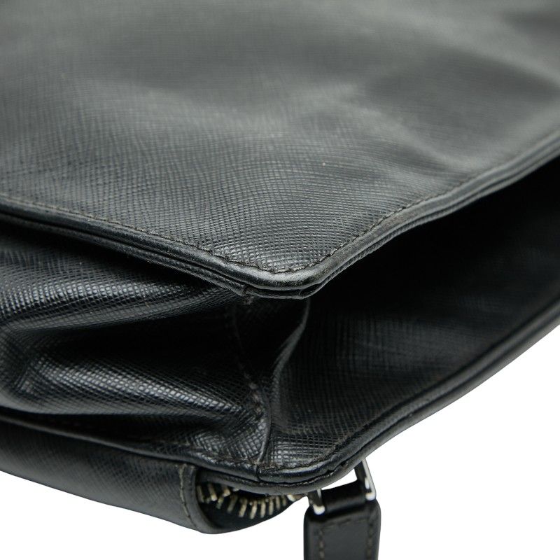 Prada Triangle Logo Plate Handbag Business Bag Black Saffiano Leather — view 6