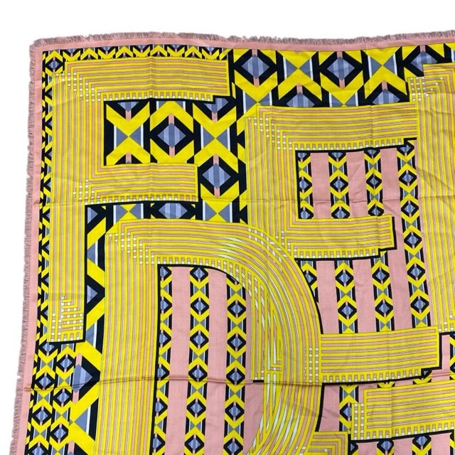 Fendi Scarf Shawl Accessory Large Allover Pattern Silk Wool Yellow Pink — view 4