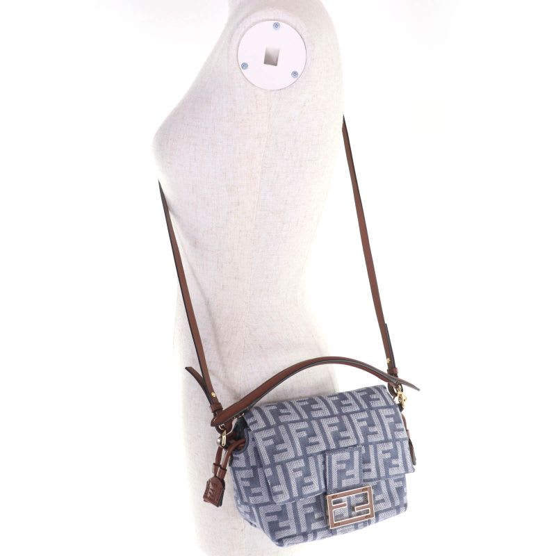 Fendi 2025 8 Bs105 Mamma Baguette Small Denim Zucca Pattern FF Hand Shoulder Bag Gray