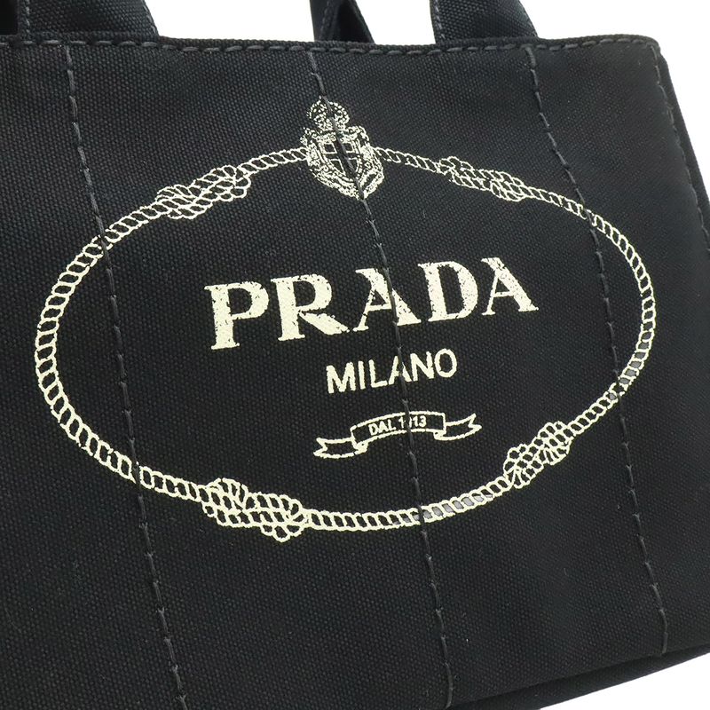 Prada Canapa Tote Bag 2-Way Shoulder Striped Crossbody Canvas Nero — view 7