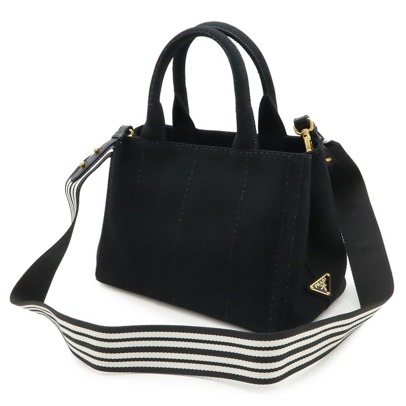 Prada Canapa Tote Bag 2-Way Shoulder Striped Crossbody Canvas Nero — view 2