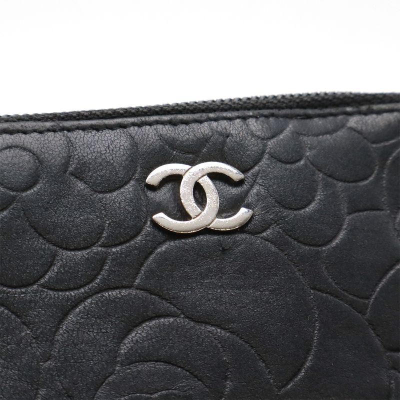 Chanel Camellia Coco Mark Coin Case Purse Lambskin Leather Black Silver — view 5