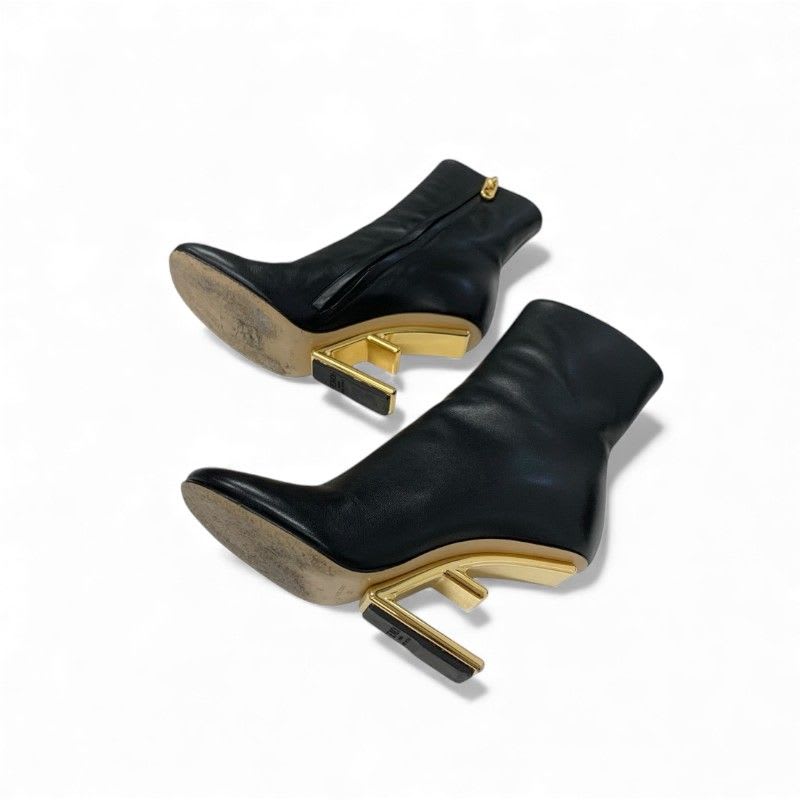 Fendi First Boots Short Shoes Leather Black Gold Metal Heel FF Logo — view 6