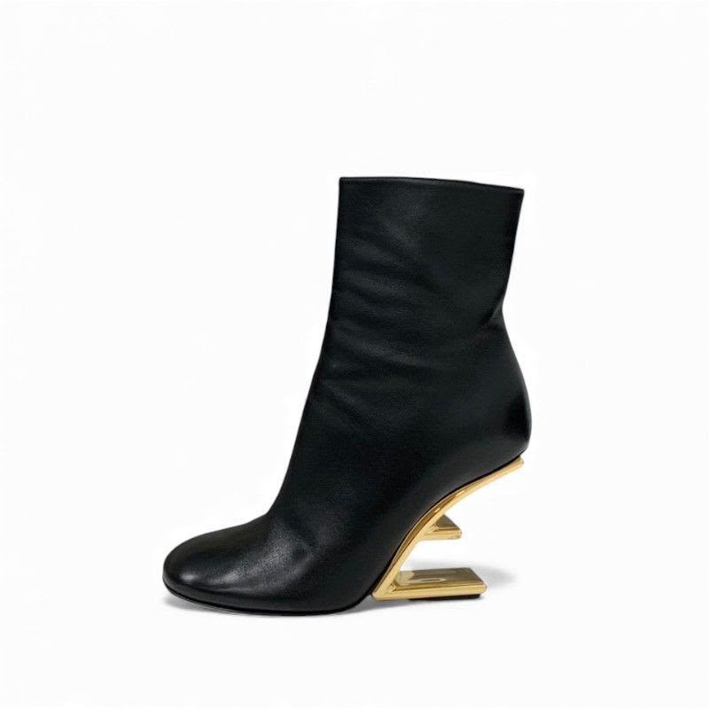 Fendi First Boots Short Shoes Leather Black Gold Metal Heel FF Logo — view 3
