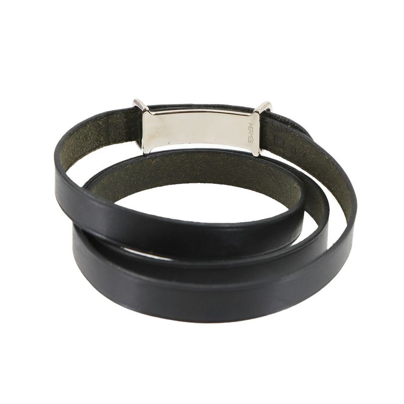 Hermes Hapi Double Tour Bracelet Leather Black Silver Hardware Accessories — view 4