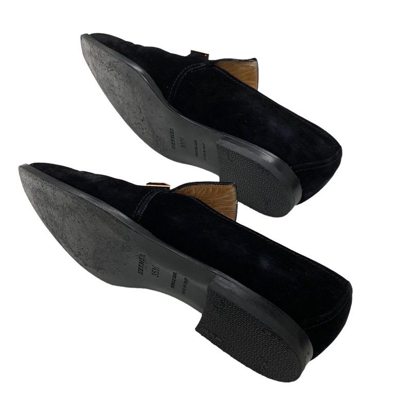 Hermes Loafers Leather Shoes Suede Black Gold Kelly Hardware Flat — view 6