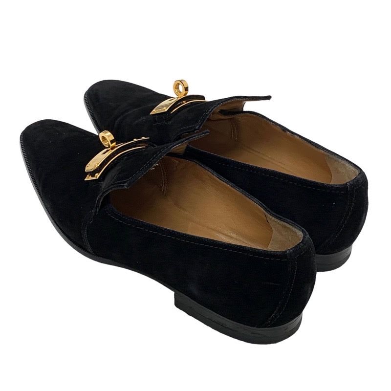 Hermes Loafers Leather Shoes Suede Black Gold Kelly Hardware Flat — view 4