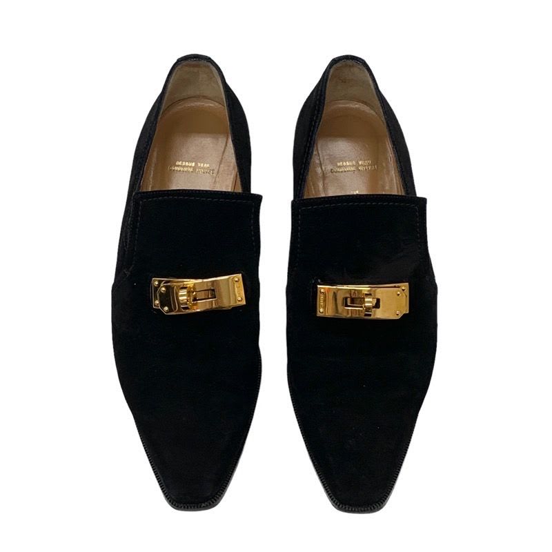 Hermes Loafers Leather Shoes Suede Black Gold Kelly Hardware Flat — view 2