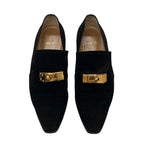 Hermes Loafers Leather Shoes Suede Black Gold Kelly Hardware Flat — view 2