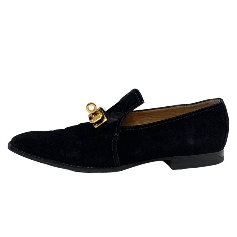 Hermes Loafers Leather Shoes Suede Black Gold Kelly Hardware Flat — view 3