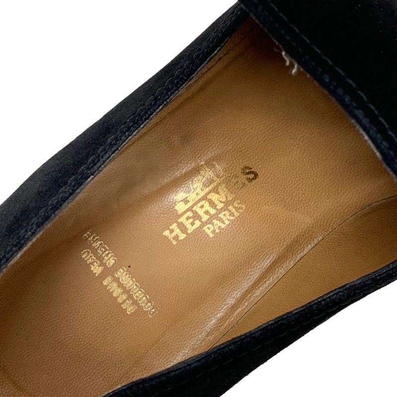 Hermes Loafers Leather Shoes Suede Black Gold Kelly Hardware Flat — view 7