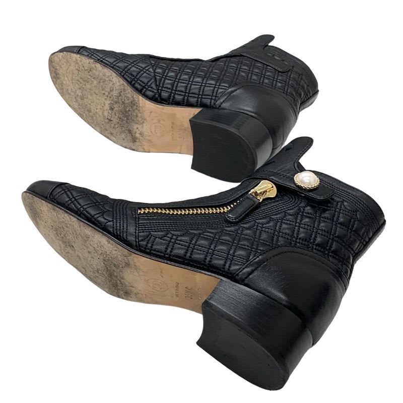 Chanel Boots Short Shoes Coco Mark Pearl Quilting Leather Black — view 6