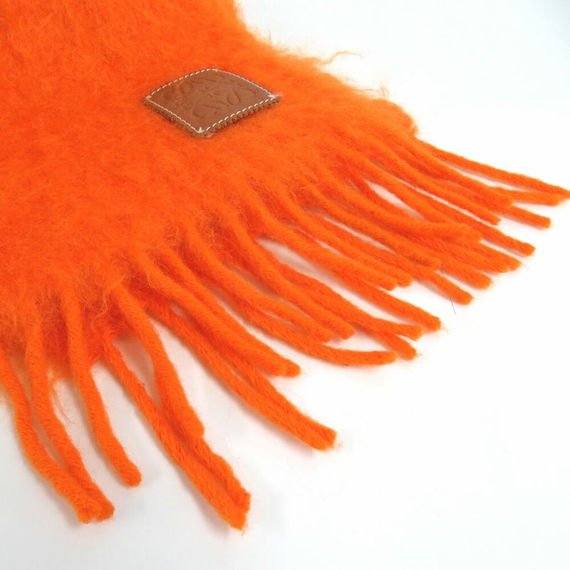 Loewe Muffler Orange Mohair Wool Fringe Leather Tag Accessori Scarf — view 4