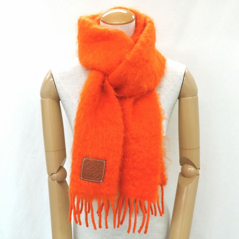 Loewe Muffler Orange Mohair Wool Fringe Leather Tag Accessori Scarf — view 9