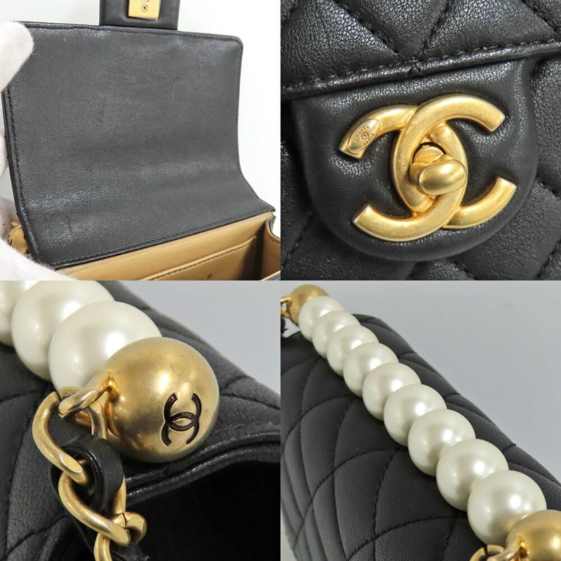 Chanel Flap Bag With Faux Pearl Chain Shoulder Quilted Black — view 9