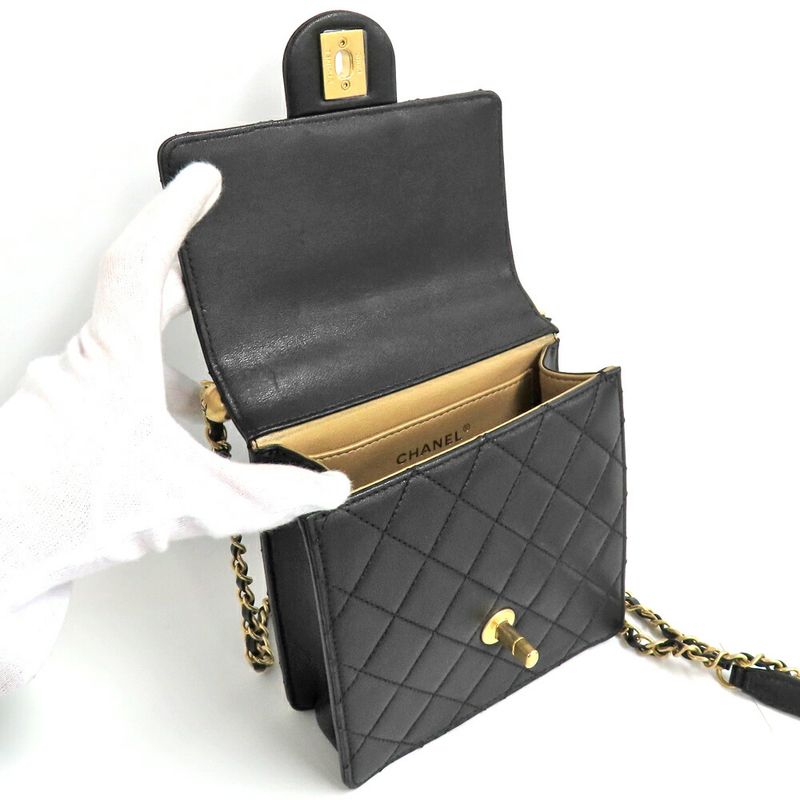 Chanel Flap Bag With Faux Pearl Chain Shoulder Quilted Black — view 6