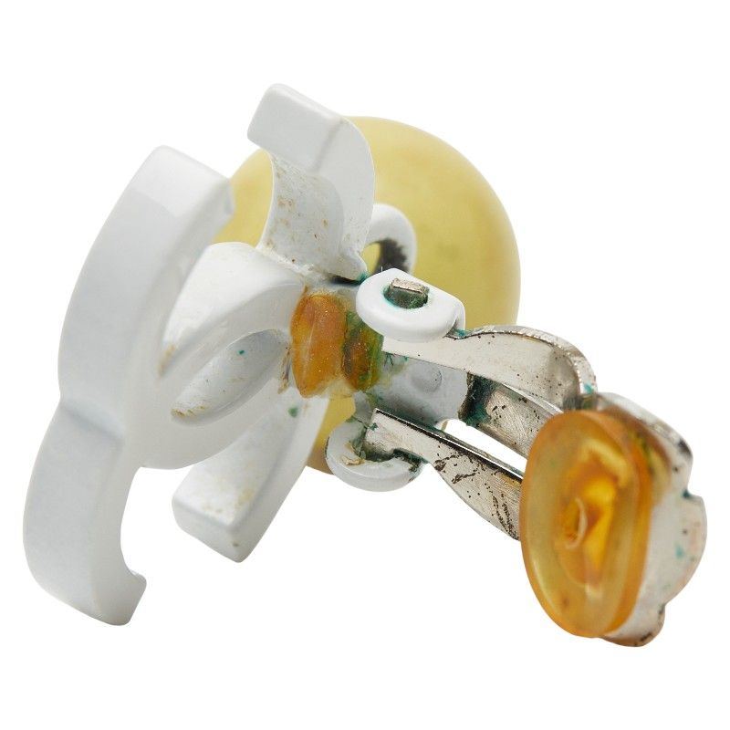 Chanel Coco Mark Earrings Swing White Yellow Plastic — view 5