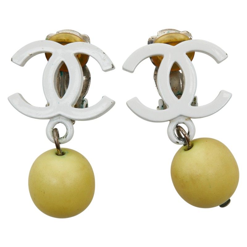 Chanel Coco Mark Earrings Swing White Yellow Plastic — view 3