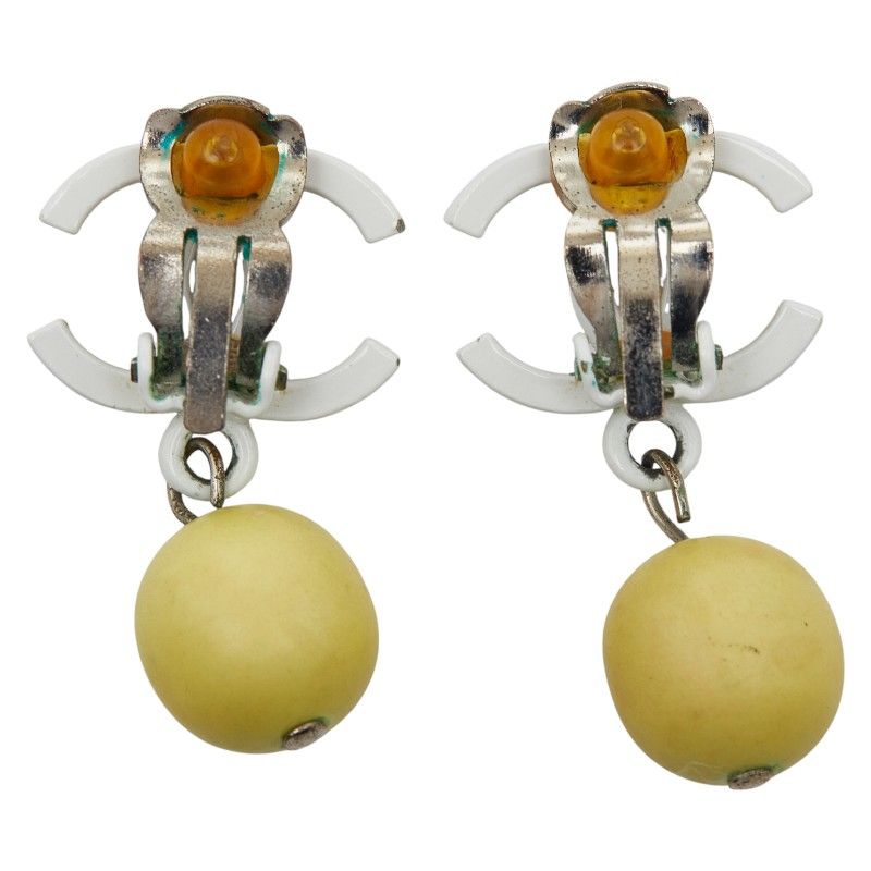 Chanel Coco Mark Earrings Swing White Yellow Plastic — view 4